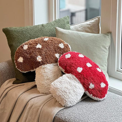 Mushroom Throw Pillow Tufted Shape Decorative Cushion 15” x 15” – Decor for Bed, Couch, Living Room (Brown)