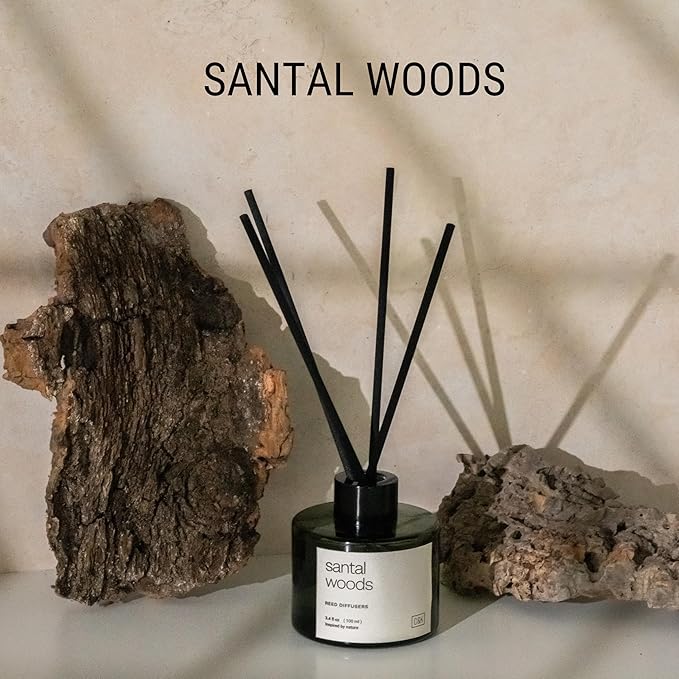Craft & Kin Santal Woods Christmas Reed Diffuser | All Natural Essential Oil & Rattan Scent Sticks | Holiday Reed Diffusers for Home, Bathroom | Long Lasting Home Fragrance in Green Glass, 3.4oz