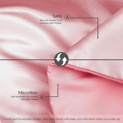 Whale Flotilla 3-Piece Reversible Silky Soft Queen Comforter Bedding Set, Luxurious Satin Comforters Full Size with 2 Satin Pillowcases, Lightweight Duvet for All Seasons, Pink