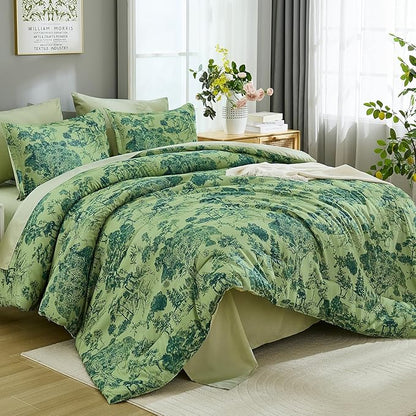 DJY King Size Comforter Sets, 7 Pieces Bed in a Bag King Green Botanical Comforter Set with Sheets, White Elegant Plants Print Soft Microfiber Reversible Complete Bedding Sets for All Season