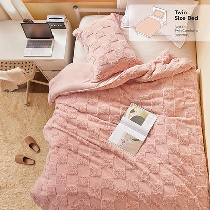 Joiedomi Tufted Twin Comforter Set, 2 Pieces Coral Pink Boho Twin Bedding Set with 1 Plaid Geometric Comforter and 1 Pillow Sham, Checkered Bed in a Bag for All Seasons