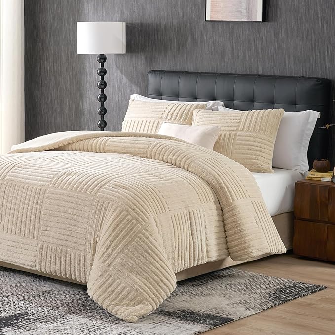 Amélie Home King Size Comforter Set with Stripe Jacquard Design, Khaki Fluffy King Bedding Set, Super Soft Plush Bedding Set for Winter,3 Pieces, 1 Soft Comforter and 2 Pillowcases