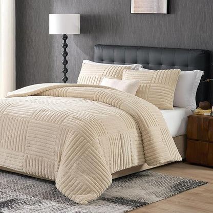 Amélie Home King Size Comforter Set with Stripe Jacquard Design, Khaki Fluffy King Bedding Set, Super Soft Plush Bedding Set for Winter,3 Pieces, 1 Soft Comforter and 2 Pillowcases