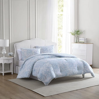 Laura Ashley- King Comforter Set, Cotton Reversible Bedding Set with Matching Sham(s), Farmhouse Home Décor (Bedford Blue, King)