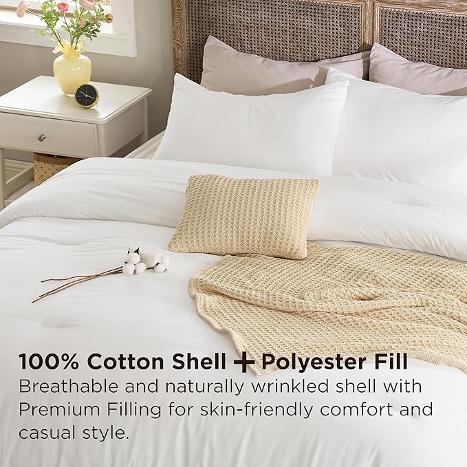 Bedsure 5 Pieces Cotton Comforter Set with Waffle Throw Blanket - Soft Breathable Bedding Set for All Seasons, White Queen Comforter, Pillow Shams, Beige 100% Cotton Blanket, Throw Pillow