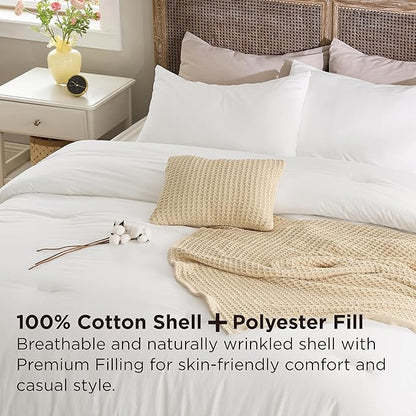 Bedsure 5 Pieces Cotton Comforter Set with Waffle Throw Blanket - Soft Breathable Bedding Set for All Seasons, White Queen Comforter, Pillow Shams, Beige 100% Cotton Blanket, Throw Pillow