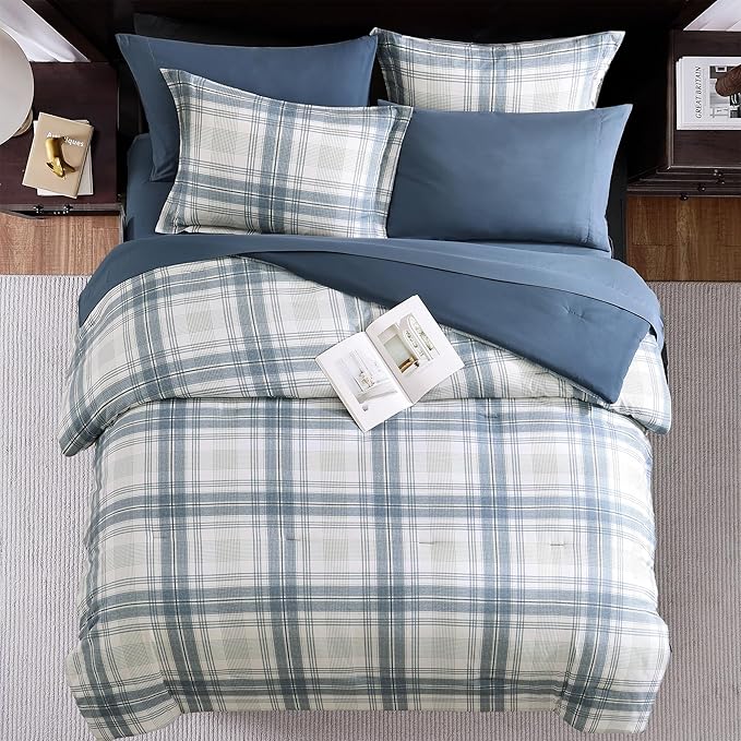 MaiRêve Plaid Full Comforter Sets, Blue Grey Grid Farmhouse Bedding Set Bed in A Bag, Classic Checkered Comforter Sets with Fitted & Flat Sheet, Pillowcases & Shams(Blue Grey, 80"x90")