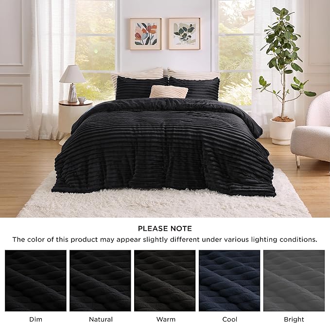 Bedsure Queen Comforter Set - GentleSoft™ 3 Pieces Fluffy Double-Side Fleece Comforter Set, Cozy Striped Room Decor Aesthetic, Luxury Black Bedding Queen Size with 2 Pillowcases, 90x90 Inches