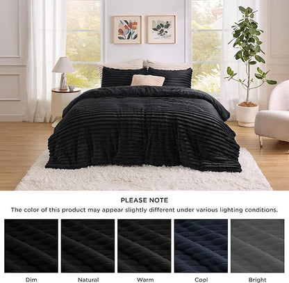 Bedsure King Size Comforter Set - GentleSoft™ 3 Pieces Fluffy Double-Side Fleece Comforter Set, Cozy Striped Room Decor Aesthetic, Luxury Black King Bedding with 2 Pillowcases, 104x90 Inches