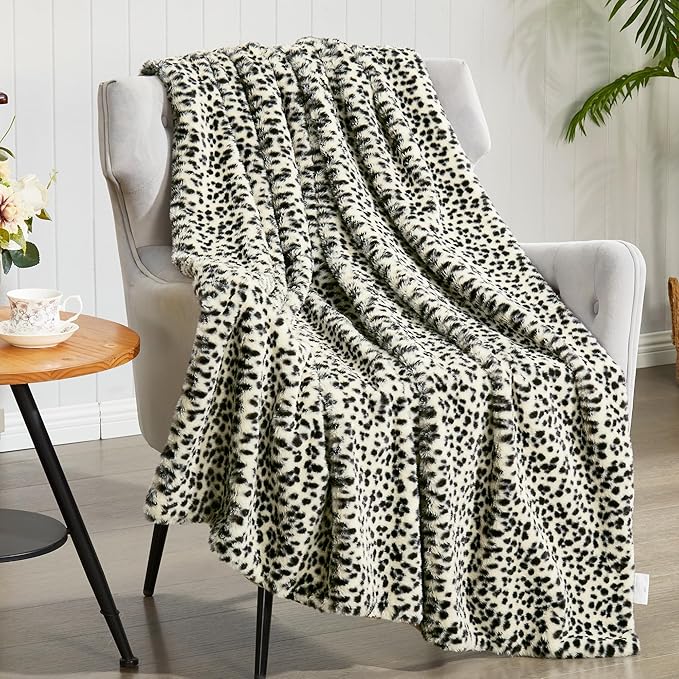 JONIYEAR Soft White Snow Leopard Faux Rabbit Fur Blanket Twin Size 60" x 70",Oversized Luxe Cozy Fluffy Cheetah Blankets for Sofa,Reversible Fuzzy Warm Animal Printed Blanket for Women Winter,Washable