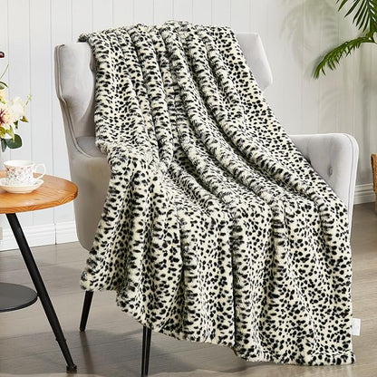 JONIYEAR Soft White Snow Leopard Faux Rabbit Fur Blanket Twin Size 60" x 70",Oversized Luxe Cozy Fluffy Cheetah Blankets for Sofa,Reversible Fuzzy Warm Animal Printed Blanket for Women Winter,Washable