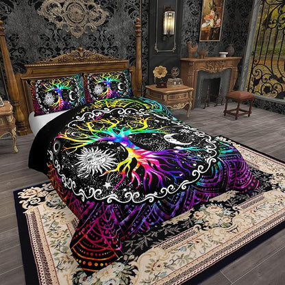 Tree of Life Comforter Set King Size,Colorful Sun and Moon Bedding Set for Men Women,Psychedelic Mandala Flowers Quilt Lightweight,Galaxy Stars Tribal Duvet Insert with 2 Pillow Shams Bedroom Decor