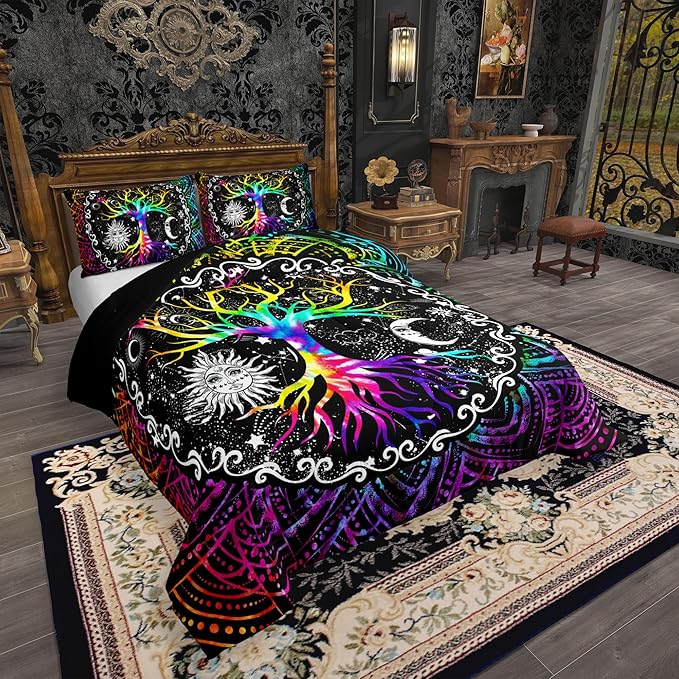Erosebridal Sun and Moon Comforter Set Queen,Black and White Bedding Set for Kids Boys Girls,Psychedelic Tree of Life Down Comforter,Galaxy Stars Mandala Tribal Quilted Duvet 3pcs All Season Soft