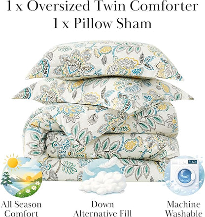 Southshore Fine Living, Inc. Wanderlust Collection, Oversized Twin Mattress Comforter Set, Down Alternative Boho Bedding, Victorian Prints, Twin/XL Comforter with One Pillow Sham, Cream Floral Print