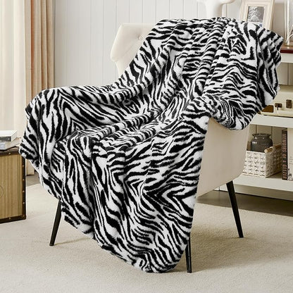 JONIYEAR Decorative Fuzzy Ridge Zebra Print Faux Rabbit Fur Throw Blanket 50" x 60", Double Sided Soft Thick Warm Shaagy Fluffy Blankets, Cute Cozy Plush Animal Lap Blanket for Women, White and Black
