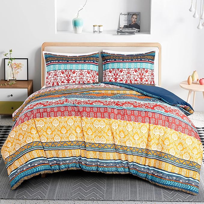 Chezmoi Collection Amara 3-Piece Boho Stripe Full Comforter Set - Floral Colorful Bohemian Printed Microfiber Lightweight Bedding Set