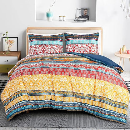 Chezmoi Collection Amara 2-Piece Boho Stripe Twin Comforter Set - Floral Colorful Bohemian Printed Microfiber Lightweight Bedding Set