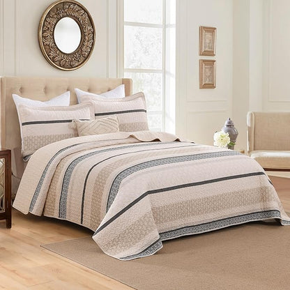 Homzard King Size Comforter Set, Cotton Quilt, Beige and Grey Bedding Set,Lightweight Striped Bedspread, Reversible Coverlet King Size (106"X98") with 2 Pillow Shams All Season