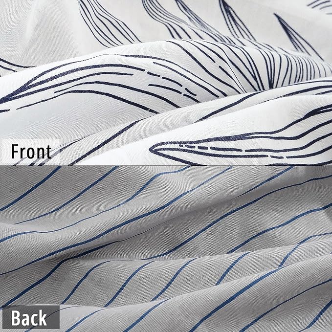 Botanical Cotton Comforter Queen Size - White Comforter with Delicate Black Leaves Patterns,Grey Reversible Lightweight Bedding Sets 3Pcs(Stripes)