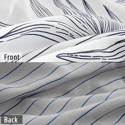 Botanical Cotton Comforter Queen Size - White Comforter with Delicate Black Leaves Patterns,Grey Reversible Lightweight Bedding Sets 3Pcs(Stripes)