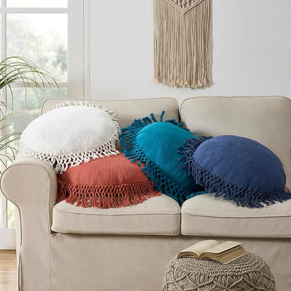 Indigo Ink - Decorative Throw Pillows for Couch or Bed, Boho Home Décor Round Cotton 20" x 20" Pillow with Tassels (Tufted Medallion Collection, Bright White)