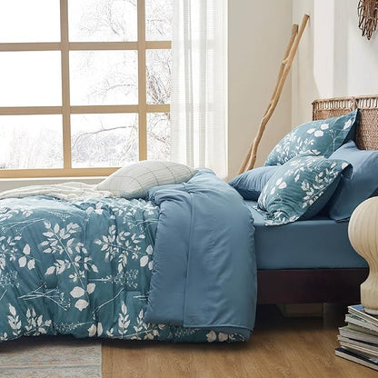 Bedsure King Size Comforter Set - 7 Pieces Floral Mineral Blue Soft Bedding Sets, King Bed in a Bag with Botanical Flowers Comforter, Sheets, Pillowcases & Shams