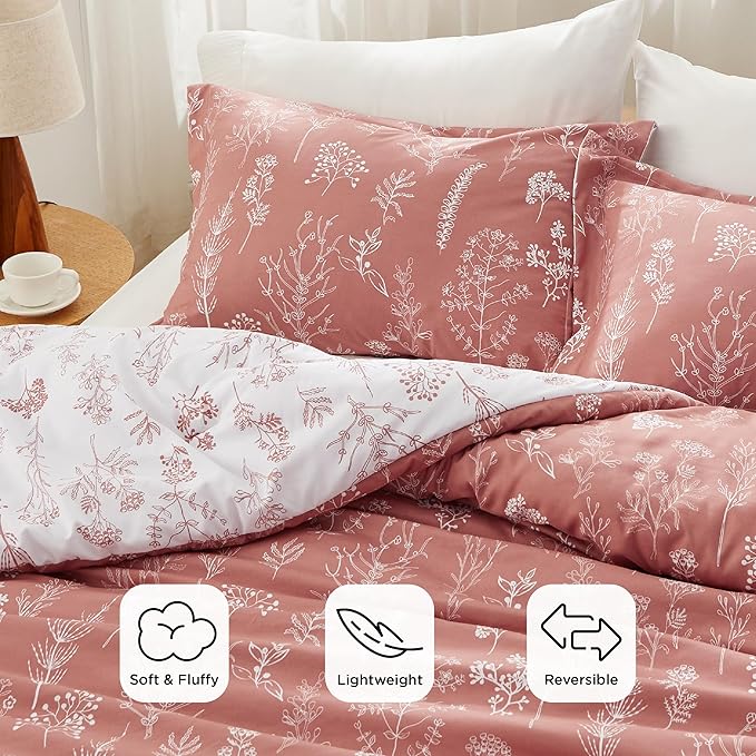 Bedsure King Comforter Set - Grayish Pink Bed Set, 3 Pieces Cute Floral Bedding, 1 Soft Reversible Botanical Flowers Comforter and 2 Pillow Shams