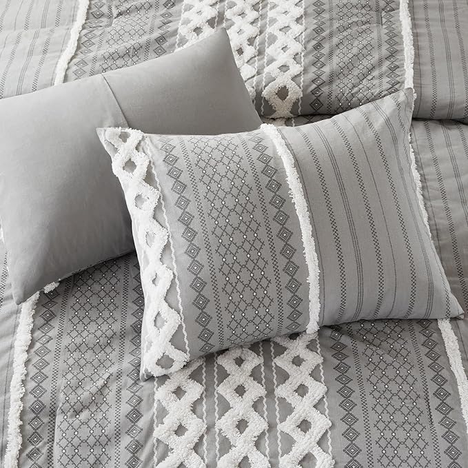 INK+IVY Comforter for King Size Bed, Chenille Tufted, Breathable Cotton Comforter Set King, All Season Modern Boho Comforter with Farmhouse Bedding Flare, 2 Matching Shams, King Gray 3 Piece