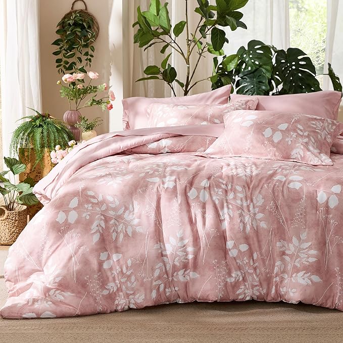 Bedsure Twin Comforter Set - 5 Pieces Floral Pink Soft Bedding Sets, Twin Bed in a Bag with Botanical Flowers Comforter, Sheets, Pillowcase & Sham