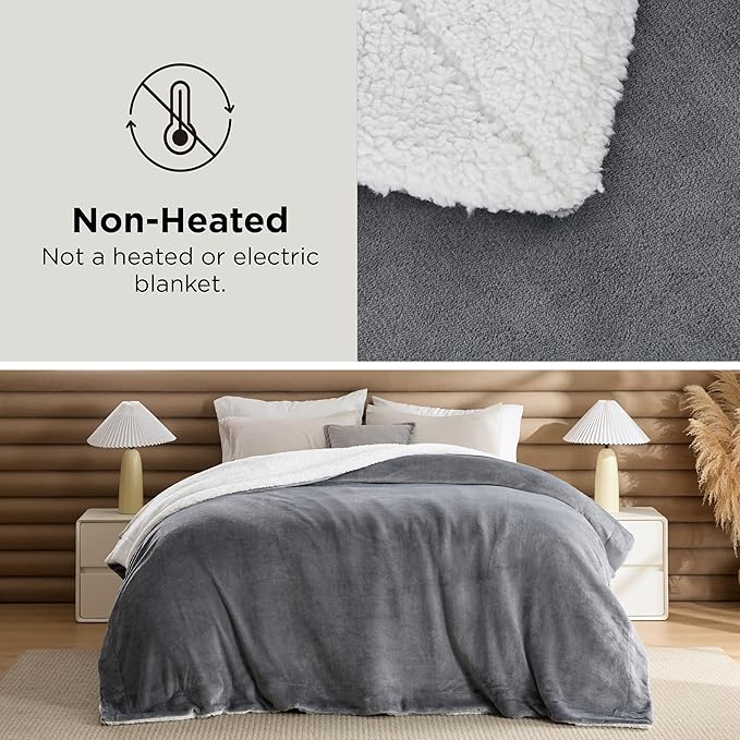 Bedsure GentleSoft Sherpa Fleece Queen Blankets for Bed, Non-Heated, Thick and Warm Throw for Women and Men, Soft Fuzzy Plush Queen Blanket for Winter, Grey, 90x90 Inches