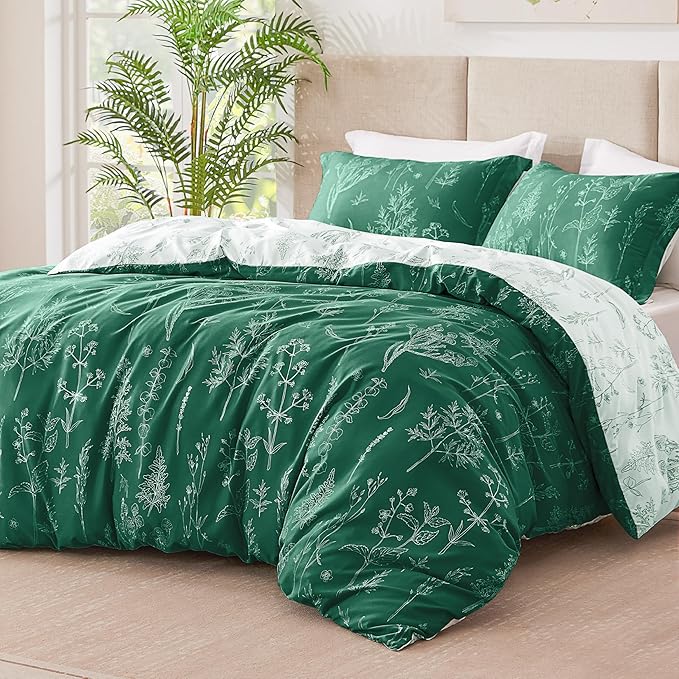 Love's cabin Emerald Comforter Set Queen - Queen Size Comforter Set, 3 Pieces Cute Floral Bedding Sets for All Seasons,1 Soft Reversible Botanical Flowers Comforter and 2 Pillow Shams