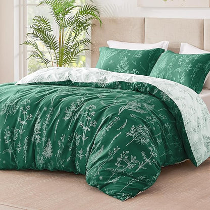 Love's cabin Emerald Comforter Set Queen - Queen Size Comforter Set, 3 Pieces Cute Floral Bedding Sets for All Seasons,1 Soft Reversible Botanical Flowers Comforter and 2 Pillow Shams