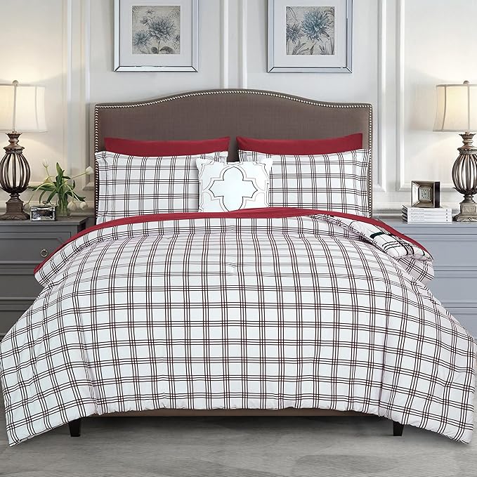 Elegant Comfort 8-Piece Lodge Plaid Reversible Comforter Set - All Season Bed in a Bag, 4-Piece Sheet Set Featuring Smart Pockets, Matching Shams and Decorative Pillow, Full/Queen, Burgundy