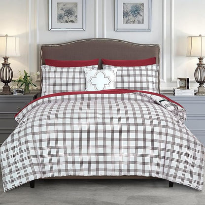 Elegant Comfort 8-Piece Lodge Plaid Reversible Comforter Set - All Season Bed in a Bag, 4-Piece Sheet Set Featuring Smart Pockets, Matching Shams and Decorative Pillow, Twin/Twin XL, Burgundy