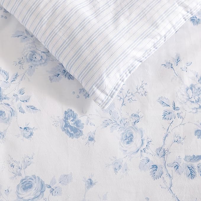 Laura Ashley - Queen Comforter Set, Soft Cotton Bedding with a Medium Weight for Year Round Use, Reversible 3 Piece Bed Set with Matching Pillowcases (Belinda Chambray Blue)