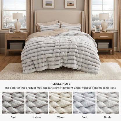 Bedsure Fluffy Comforter Set Queen - Faux Fur Comforter Queen Size Khaki, Soft Shaggy Bedding Comforter Sets, Winter Warm Luxury Fuzzy Bed Set 3 Pieces, 1 Comforter and 2 Pillowcases