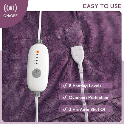 Heated Blanket Electric Throw Size 50''x60'' with 5 Heating Levels, 3 Hour Auto Shut Off, Machine Washable, Flannel & Sherpa Double-Sided Soft Warming Blanket for Couch, Bed, Office - Purple