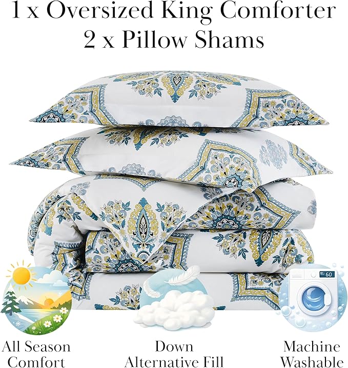 Southshore Fine Living, Inc. Oversized King Sized Comforter Bedding Set, Down Alternative Boho Bedspread, Paisley Floral Print Comforter, California/King with 2 Matching Shams, Aqua