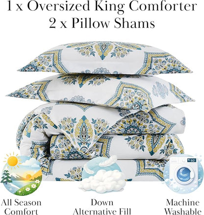 Southshore Fine Living, Inc. Oversized King Sized Comforter Bedding Set, Down Alternative Boho Bedspread, Paisley Floral Print Comforter, California/King with 2 Matching Shams, Aqua