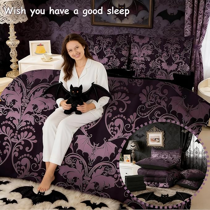 Erosebridal Gothic Damask Bed in a Bag King Size Comforter Set 7 Pieces,Halloween Bat Bedding Sets Purple Victorian Floral Goth Sheet Set with Comforter