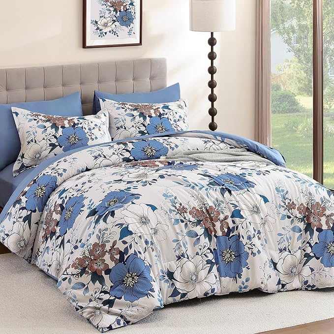 Xruibed Blue Floral Comforter Set King Size 7 Pieces Bed in a Bag Flower Comforter Set with Sheet, Pillowcases, Pillowshams, Soft Microfiber Bedding Set for All Season (King 104''x90'')