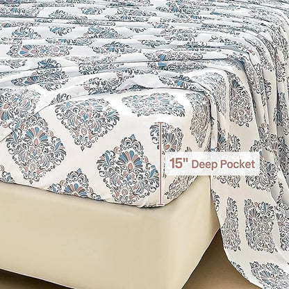 Floral Queen Comforter Set with Sheets, 7 Piece Luxury Vintage Bedding, Soft Microfiber Bed in a Bag, Cozy Lightweight Bed Set, Damask Boho Flower