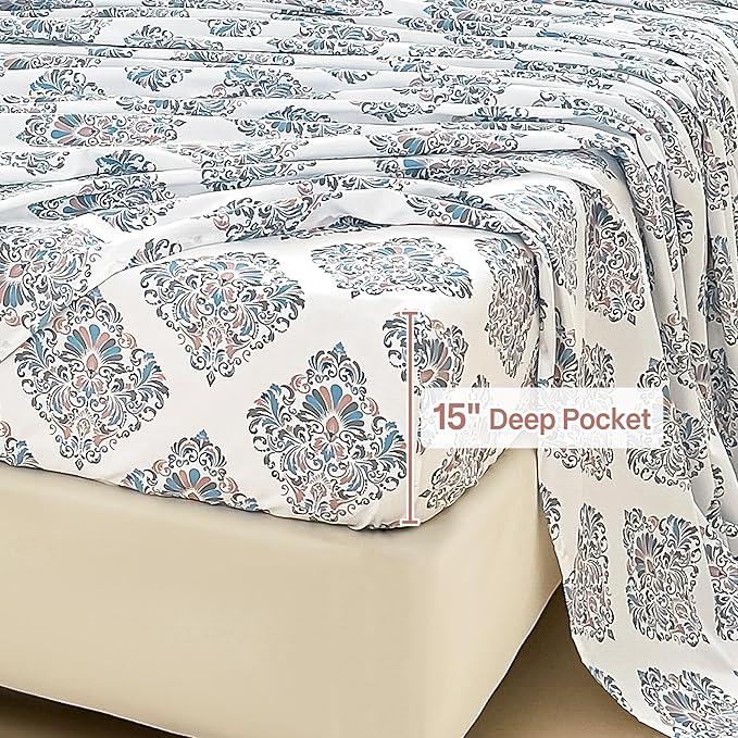 Floral King Comforter Set with Sheets, 7 Piece Luxury Vintage Bedding, Soft Microfiber Bed in a Bag, Cozy Lightweight Bed Set, Damask Boho Flower