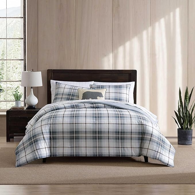 Eddie Bauer - Twin Comforter Set, Reversible Plaid Bedding with Matching Sham, Medium-Weight for Year Round Use, Dorm Essentials (Alder Blue/Grey)
