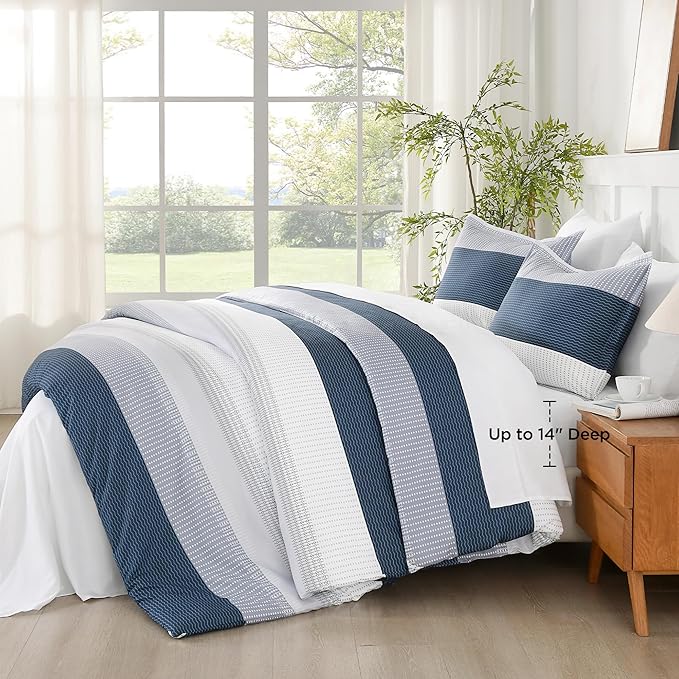 Andency Comforter Set Mineral Blue Oversized King(120"x120")- 7 Pieces Striped Lightweight Bed in a Bag, Soft Reversible Bedding Set with Comforter, Fitted & Flat Sheet, Pillowcases & Shams