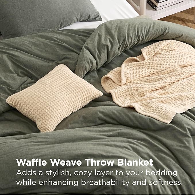 Bedsure 5 PCS Cotton Comforter Set with Waffle Throw Blanket - Breathable Bedding Set for All Seasons, Olive Green Queen Comforter, Pillow Shams, Beige 100% Cotton Blanket, Throw Pillow