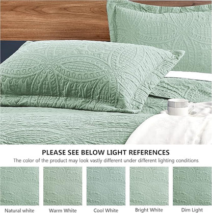 Love's cabin Quilts for Queen Bed Sage Bedspreads - Soft Bed Summer Lightweight Bedspread Comforter - Modern Style Coin Pattern Coverlet for All Season - 3 Pieces (1 Quilt, 2 Pillow Shams)