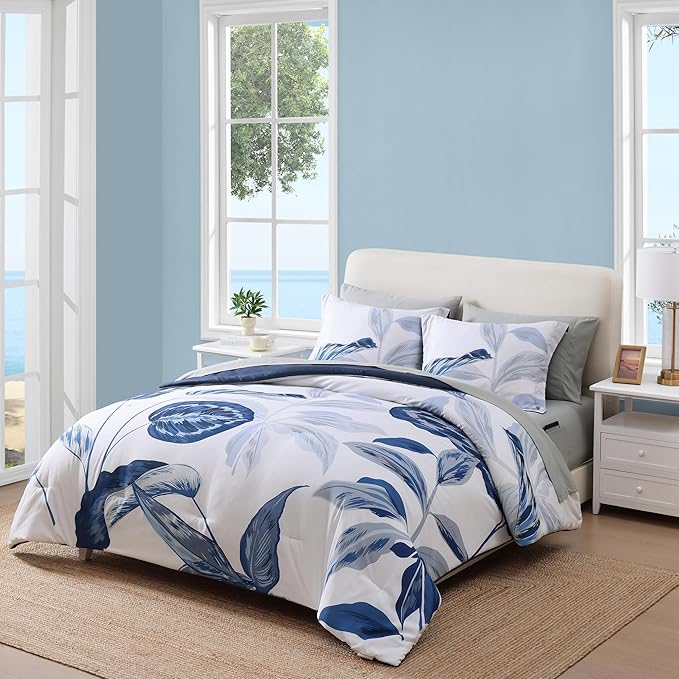 WRENSONGE King Size Comforter Set, 7 Pieces 7 Pieces Blue Tropical Leaves Soft Bedding Sets, Coastal Bed in a Bag, Botanical Printed Comforter with Sheets for All Season