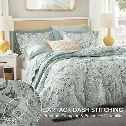 Comfort Spaces Bed in A Bag Comforter Set - Trendy Casual Design Full Comforter with Complete Sheet Set with Side Pocket, All Season Comforter, Shams, Gloria, Full Green 9 Piece