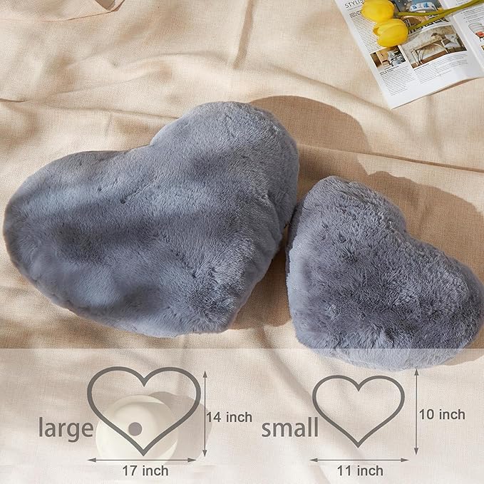 YRXRUS Heart Pillow, Grey Heart Pillows, Love Pillow Gifts, 14X17 Inch Large Heart Shaped Pillows, Faux Rabbit Fur Coquette Room Decor Throw Pillows, Living, Bedroom, Indoor Outdoor